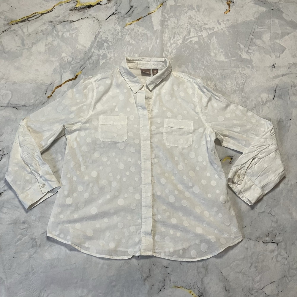 Chicos Shirt Womens Size 2/L White Button Front Polka Dot Sheer Long Sleeve